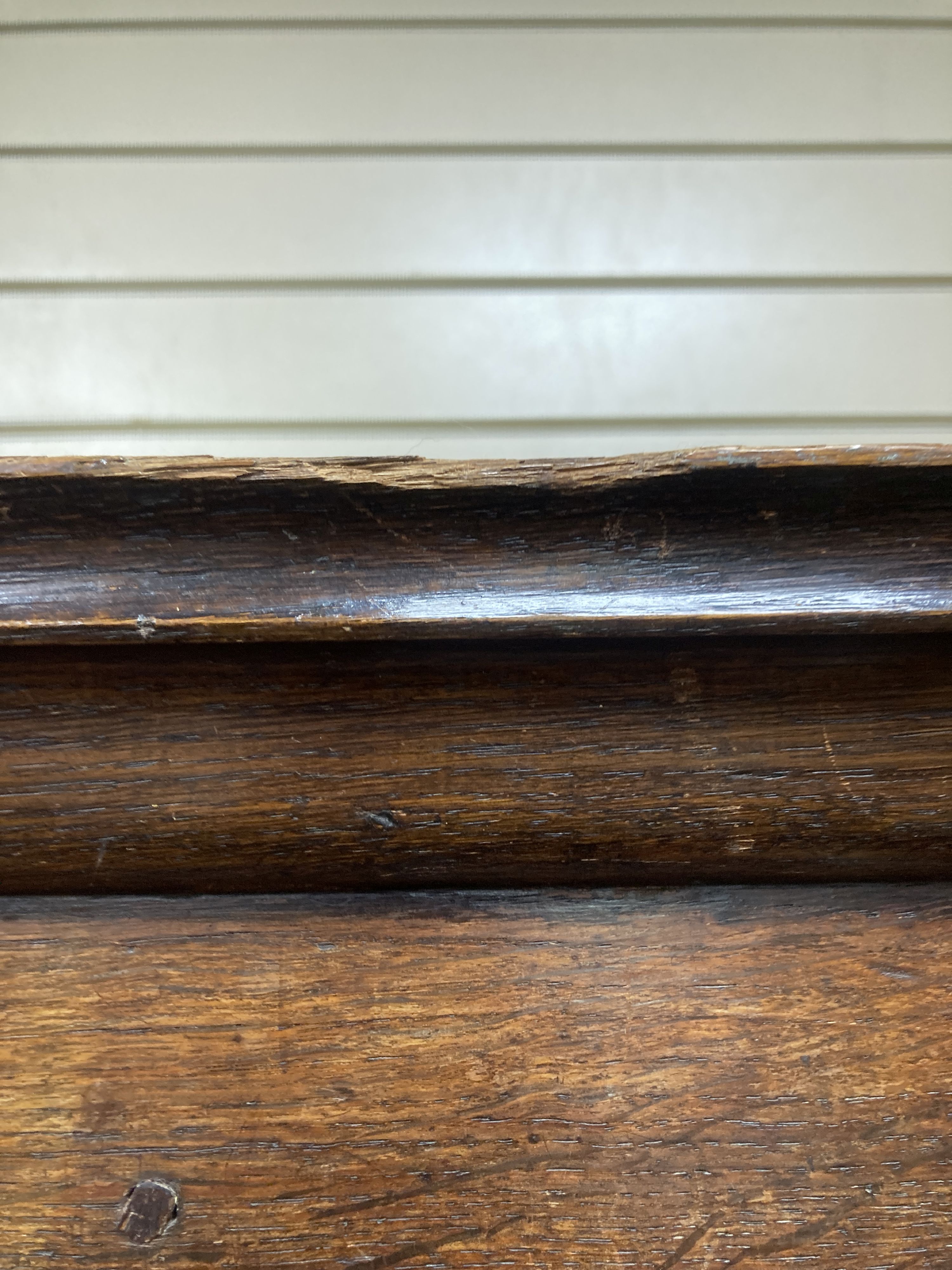 A mid 18th century oak panelled two part hanging cupboard, width 156cm, depth 53cm, height 188cm